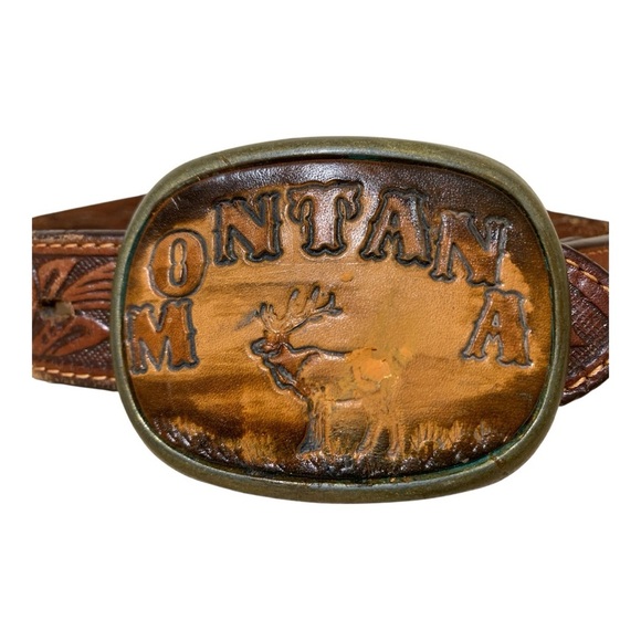 Kids Vintage Leather (Cow Hide Inlay) Western Belt with Montana Buckle Sz 24 in - Picture 3 of 4